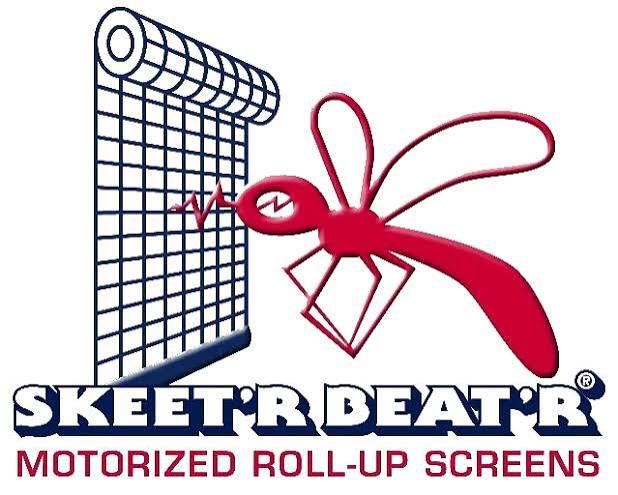Skeet’r Beat’r logo with red insect and blue roll-up screen, “Motorized Roll-Up Screens” text