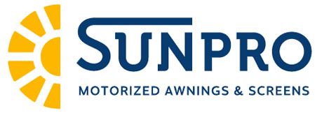 SunPro logo with yellow sun icon and blue text, “Motorized Awnings & Screens”