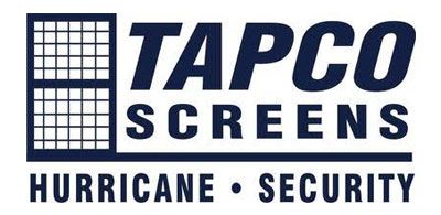 TAPCO Screens logo with blue text and grid icon; tagline reads “Hurricane • Security”