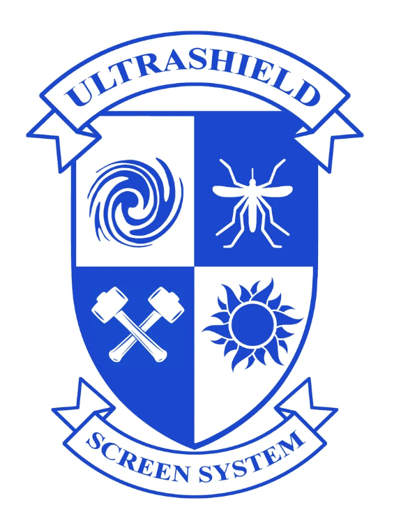 Ultrashield Screen System blue-and-white shield logo with banner and four symbols inside