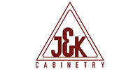 Logo for J&K Cabinetry, with a maroon triangle around the initials J&K and the word