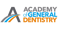 Academy of General Dentistry logo with gray, blue, and orange text and swoosh graphic