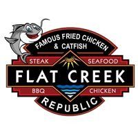 Flat Creek Republic restaurant logo with cartoon catfish, text: famous fried chicken & catfish.