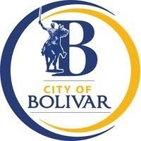 City of Bolivar logo: Blue-clad polo player with mallet astride horse over large 