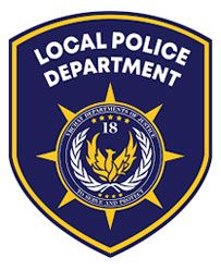 Local Police Department shield patch in navy blue and gold with “18” and a central crest