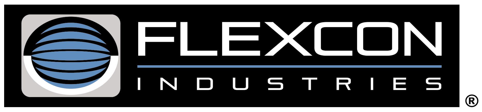 Flexcon Industries logo: stylized globe icon and company name in white on a black background.