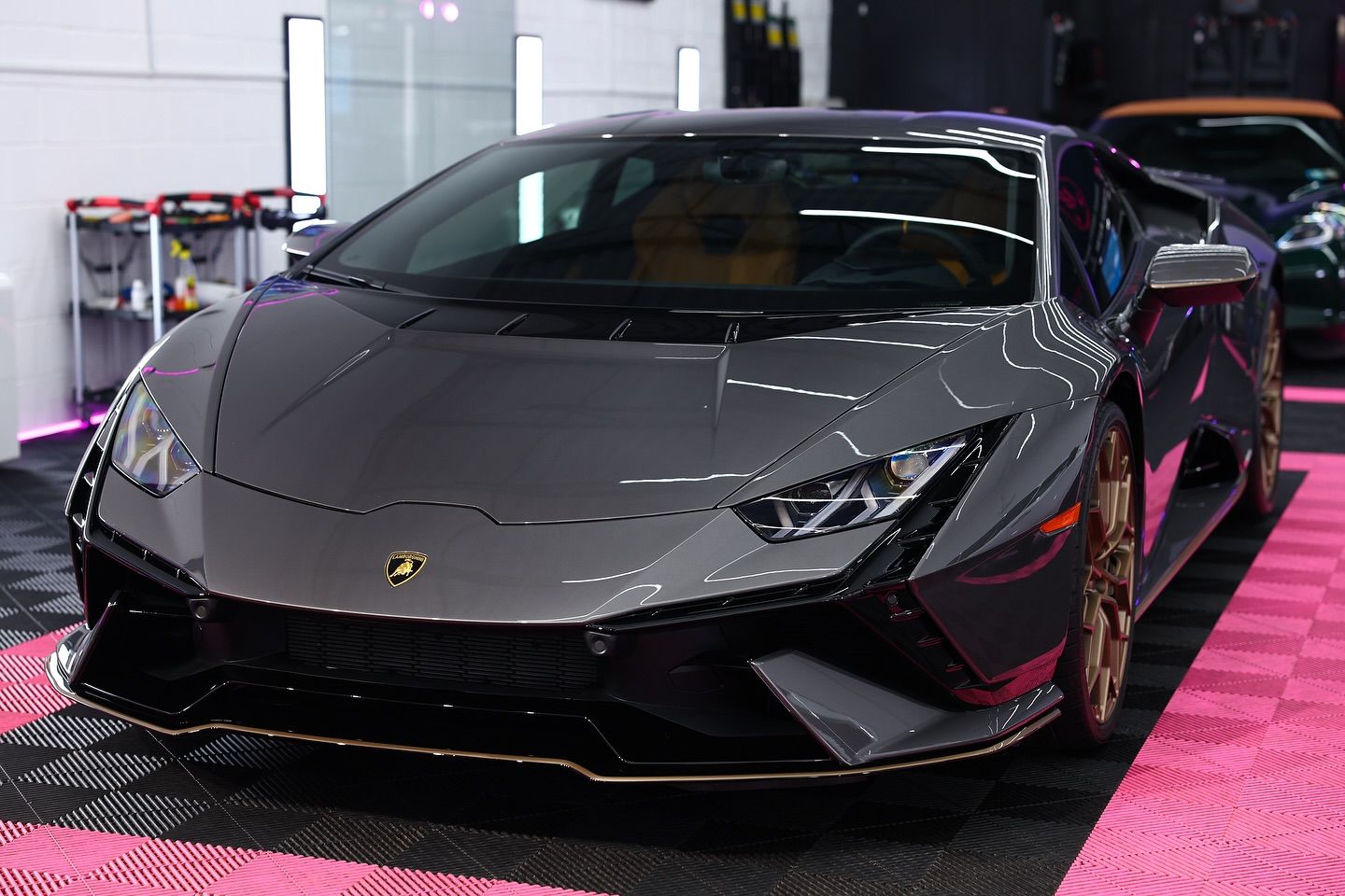 Gray Lamborghini sports car in a garage, gold wheels, black trim, and pink tiled floor.