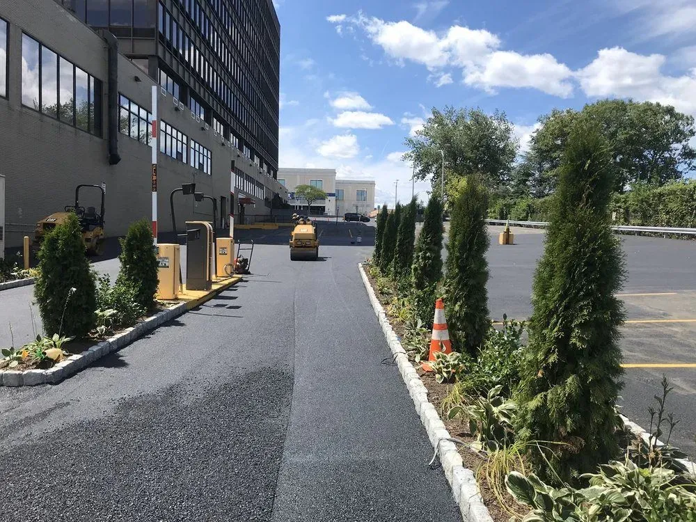 Freshly paved asphalt driveway with small trees and a building in the background. A construction roller is visible.