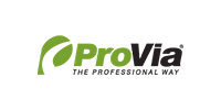 Logo for ProVia, text in green and black with a curved leaf design. 
