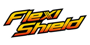 Flexi Shield logo in orange and yellow, with a black outline.