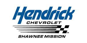 Hendrick Chevrolet Shawnee Mission logo. Blue text over black and white checkered racing flag.