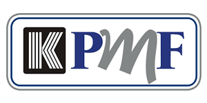 Logo with a black box containing white lines, followed by the letters K, P, M, and F in blue and gray.