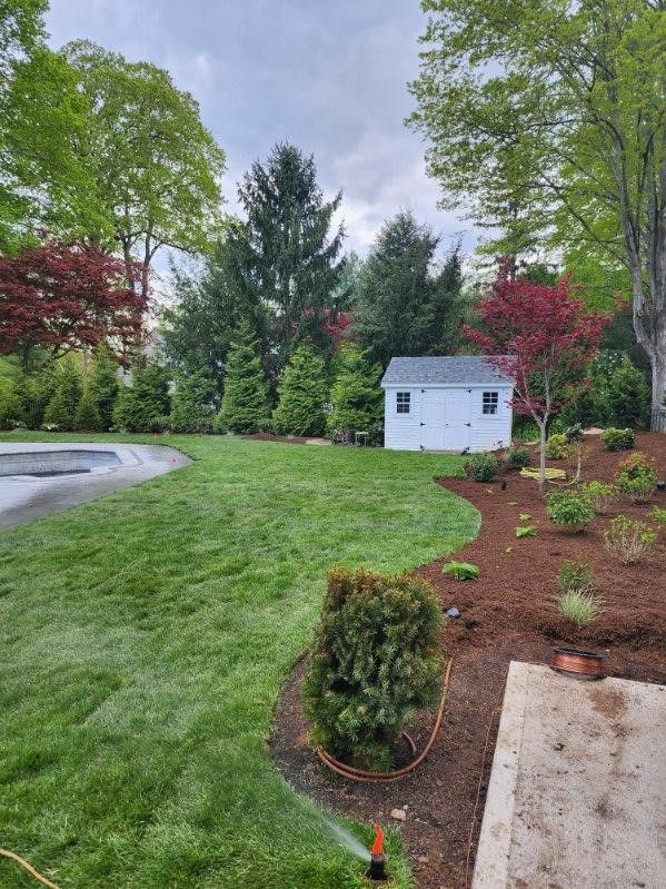 A white shed is sitting in the middle of a lush green yard next to a pool.