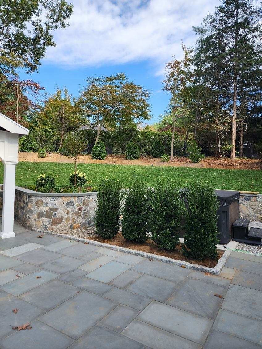 A patio with a stone wall and tall plants in the background.