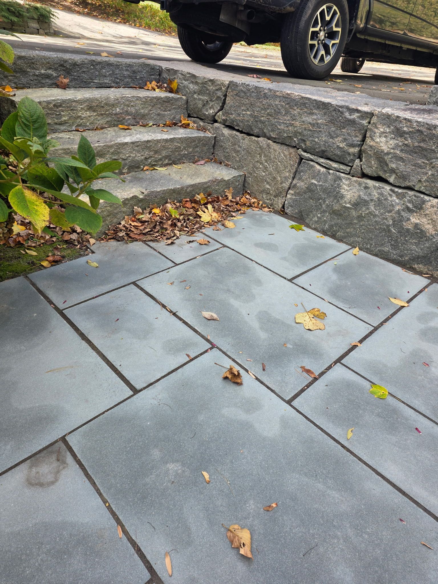 Stone steps and patio with scattered leaves, a truck tire at the top.
