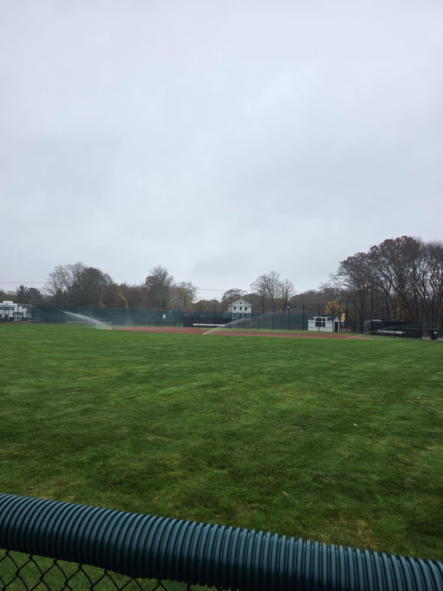 Baseball field on an overcast day, green grass, dirt infield, trees, and buildings in the background.