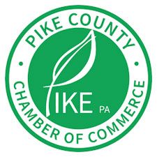 Green Pike County Chamber of Commerce logo with white leaf and text on a green circle