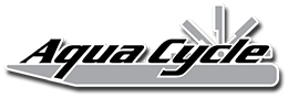 AquaCycle logo in black and gray italic text with a flowing wave underline