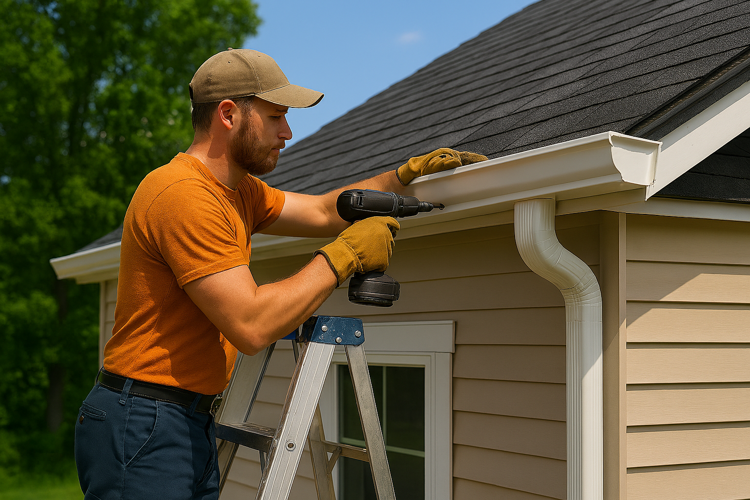 A person wearing a tan cap and work gloves uses a power drill to install a white rain gutter on the side of a house.