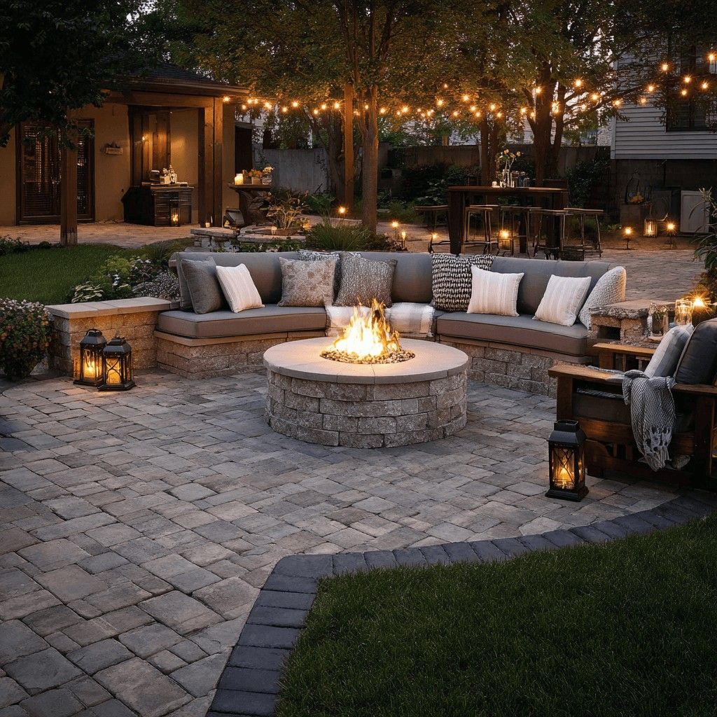 Cozy outdoor patio with curved seating, fire pit, lanterns, and string lights at dusk