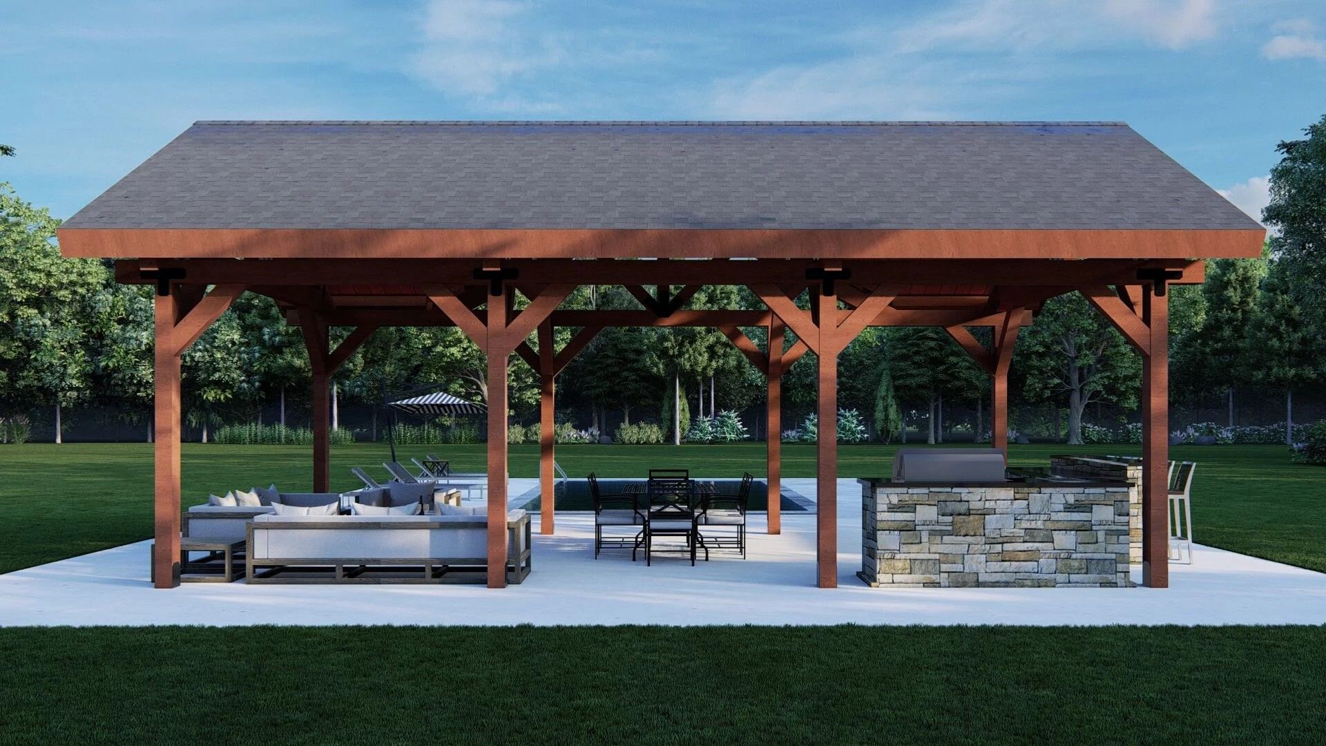 Covered park pavilion with picnic tables and a stone fireplace on a grassy lawn