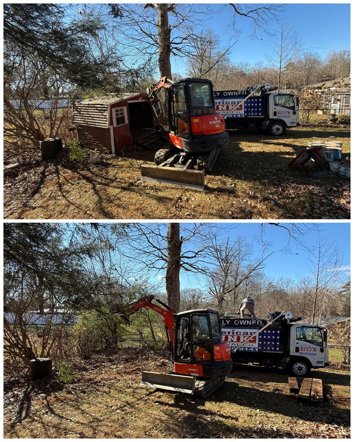 Two-panel photo: orange excavator demolishing a shed. Truck parked nearby. Sunny day.