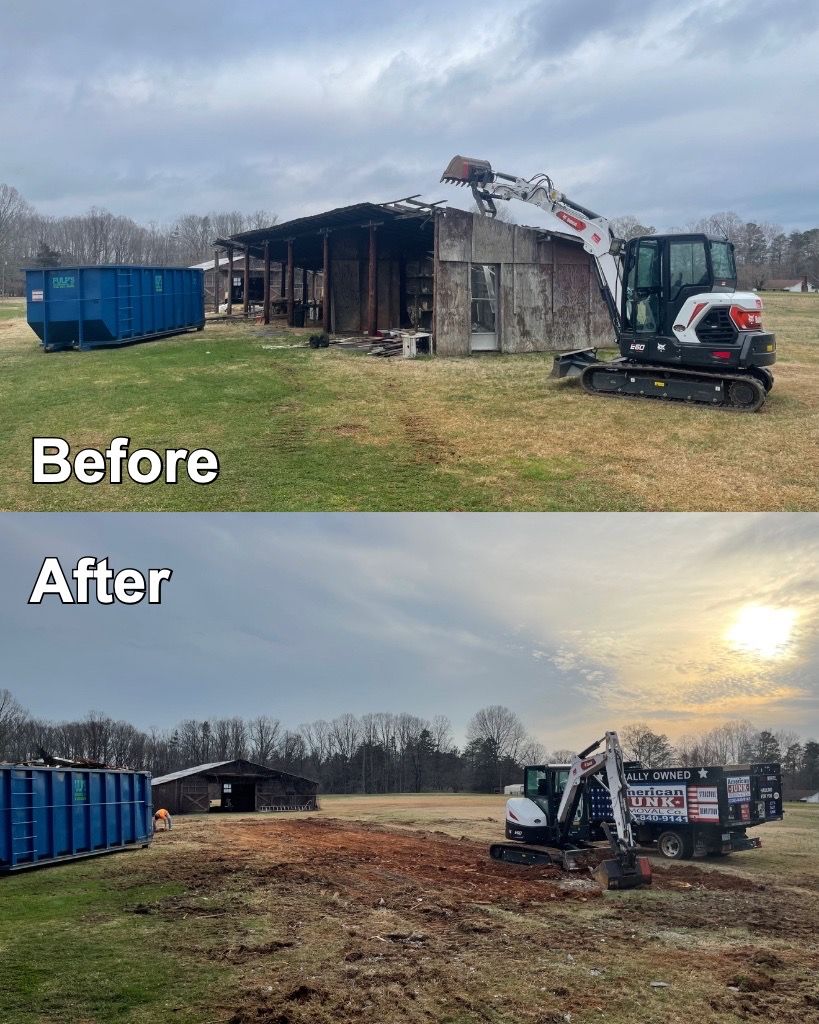 Demolition of a building by an excavator. Before and after shots show the structure being torn down. Blue dumpster present.