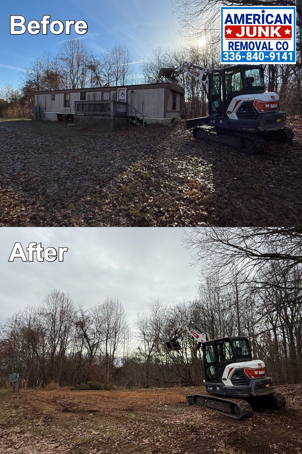 Before and after photos: a mobile home is demolished by an excavator in a wooded area.