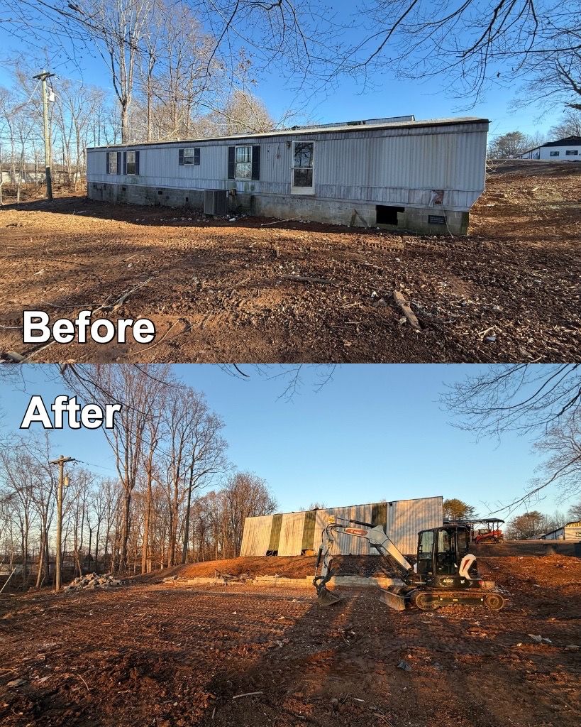 Before and after view: A dilapidated mobile home, then the cleared area after demolition.