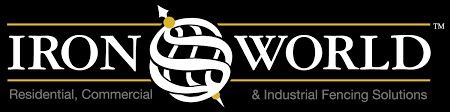 The logo for iron world residential , commercial and industrial fencing solutions
