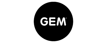 Black circle logo with white text “GEM” centered inside