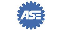 Blue ASE gear logo with white letters on a white background