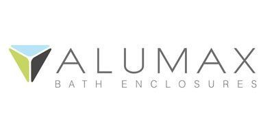 ALUMAX Bath Enclosures logo with green and blue geometric icon on a light background