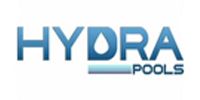 Logo for Hydra Pools. Blue text with a water droplet within the
