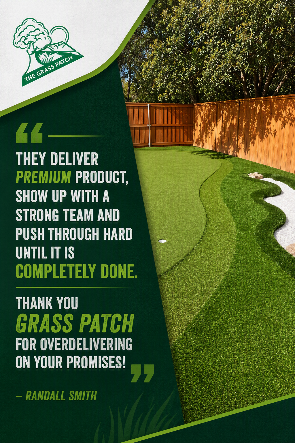 Lush green lawn with a winding path beside a wooden fence and a quote praising premium grass delivery.