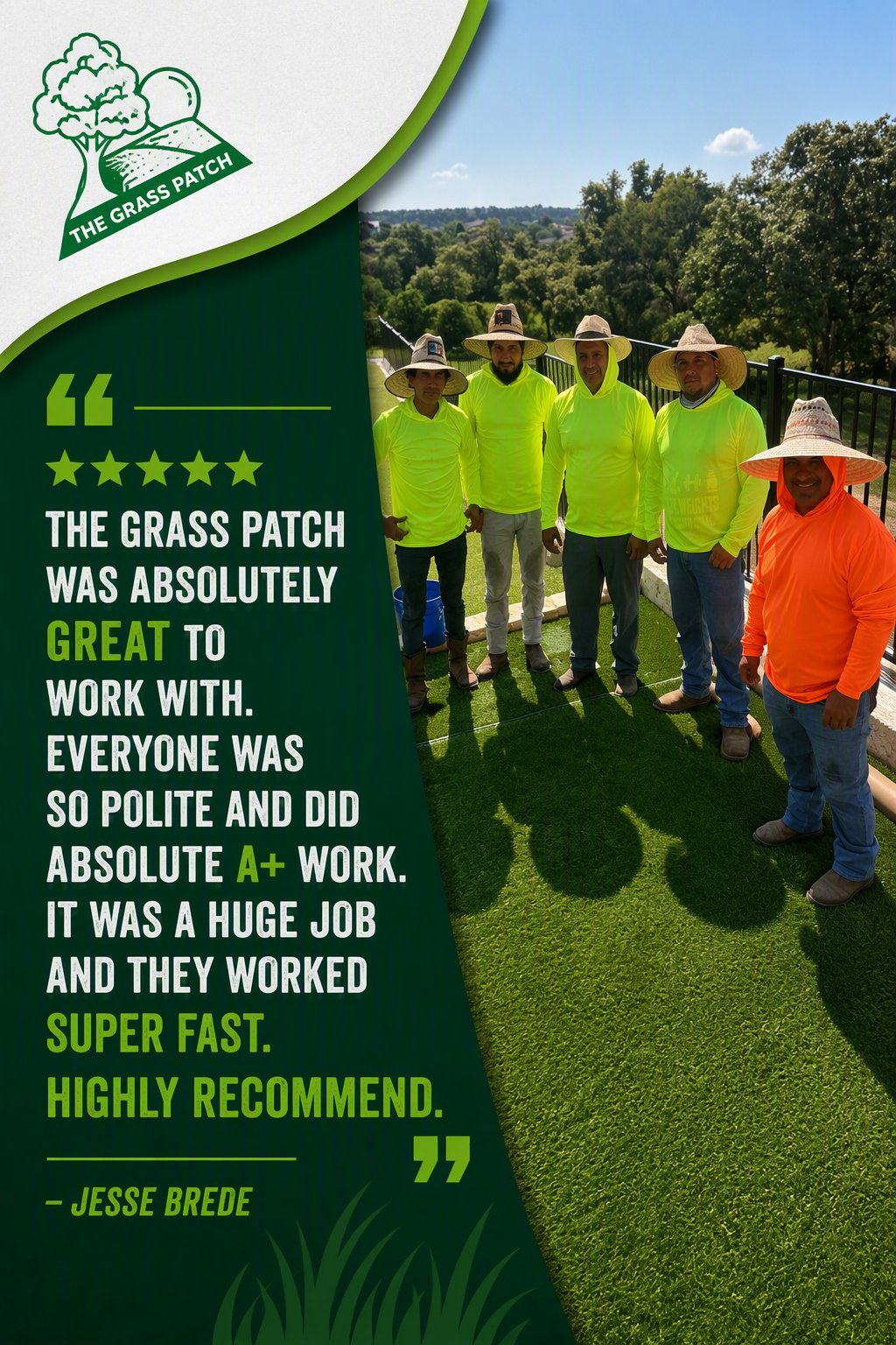 Crew in neon shirts and hats posing on a green lawn beside a review quote about grass-patching work.