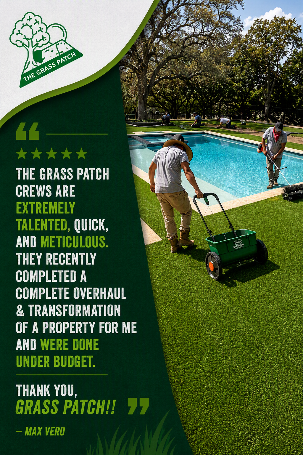 Green artificial grass being cut by a worker beside a blue pool, with a testimonial sign about turf installation
