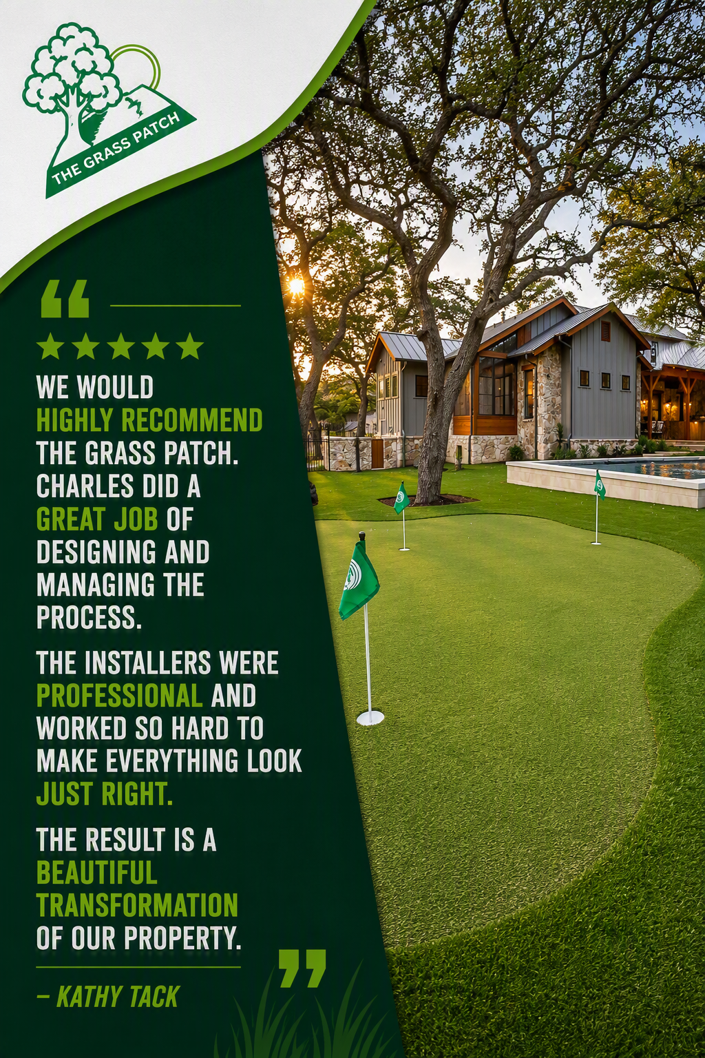 Green banner about grass patch repairs beside a yard and house, with testimonial text over a golf-green scene.