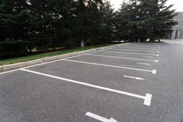 Empty parking lot with white-lined spaces and directional arrows, next to a grassy curb and trees.