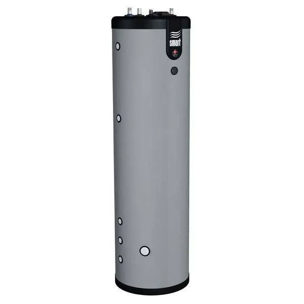 Tall gray cylindrical water heater with black top and control panel on a white background