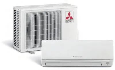 White Mitsubishi air conditioner indoor and outdoor units on a white background