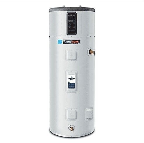 White vertical water heater tank with control panel and valves on a plain background