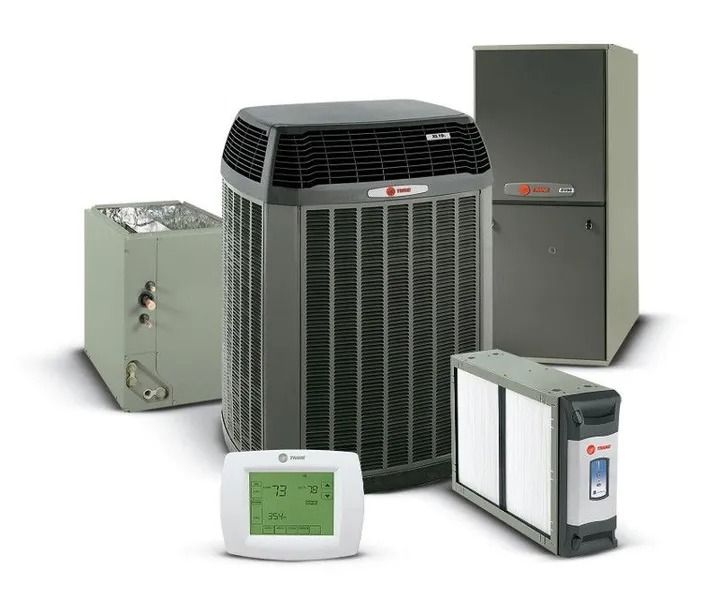 Various HVAC units and thermostats displayed on a white background