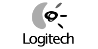 Logitech logo: gray abstract shape and stylized sun symbol, with the word