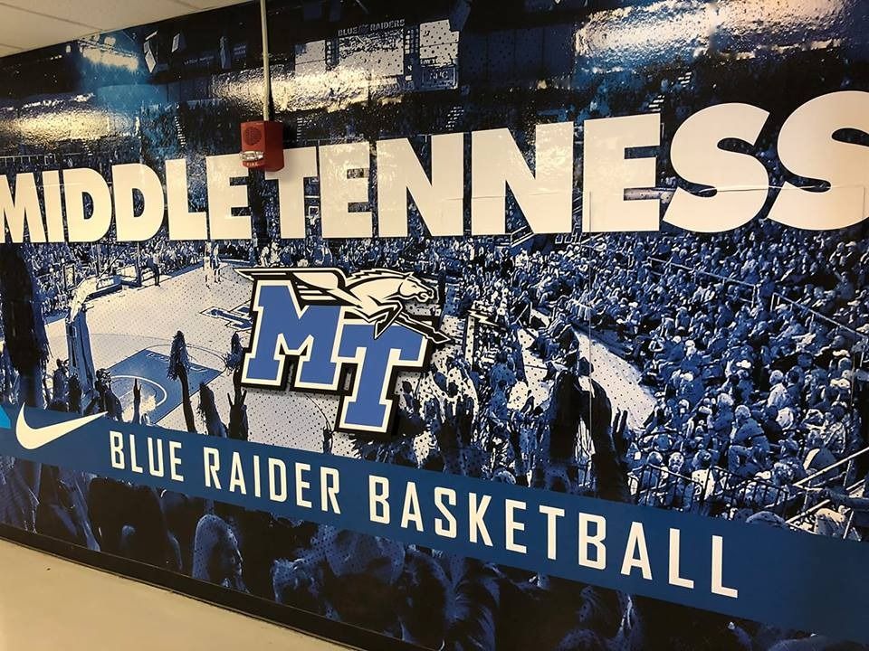 A wall mural showing a blue-toned crowd at a Middle Tennessee State University Blue Raider basketball game.