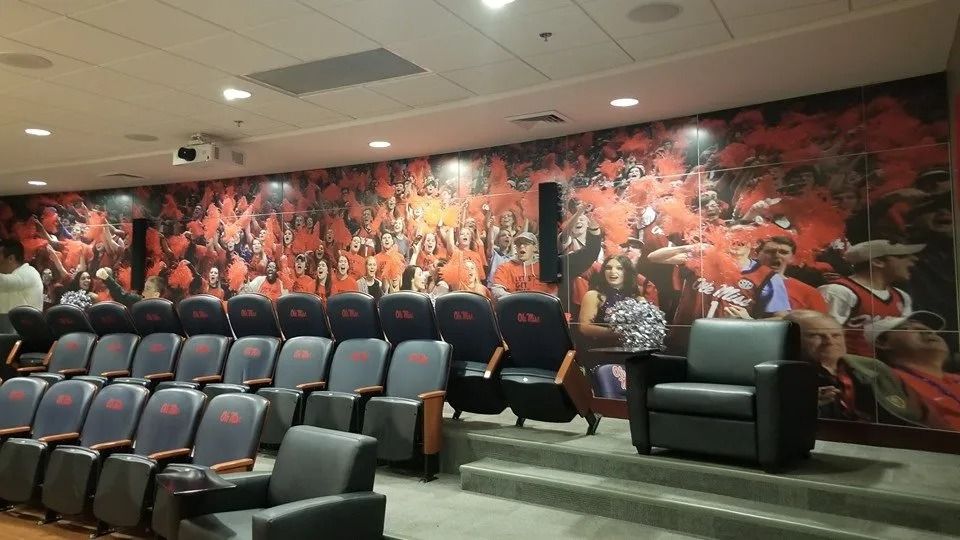 A modern auditorium with tiered black leather theater seats facing a large wall mural of an enthusiastic sports crowd.