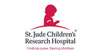 St. Jude Children's Research Hospital logo: red silhouette of a child, white text, and a tagline.