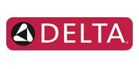 DELTA text to the right of a circular logo with three white petal shapes.