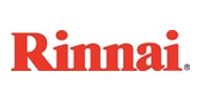The red, bold, serif logotype for the company Rinnai followed by a period.