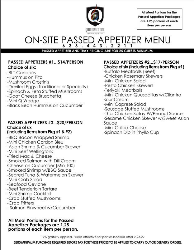 Quintessential Dining & Nightlife Catering Menu Saint Charles